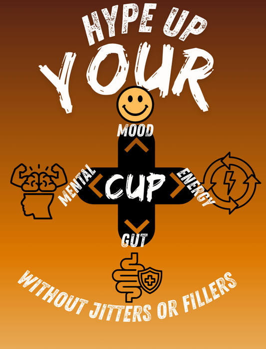 Visual that represents the benefits of our north Texas local made mushroom coffee in instant form