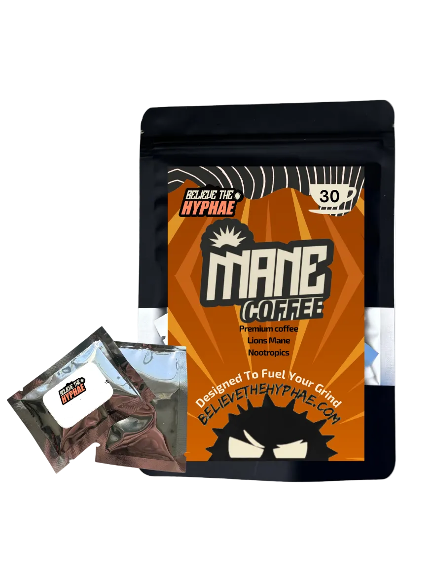 One pouch of Believe The Hyphae Mane Coffee, a premium lion's mane mushroom coffee blend made with adaptogens to support focus, clean energy, and cognitive performance. Vegan, gluten-free coffee displayed with 2 satchets of the Mane Coffee 