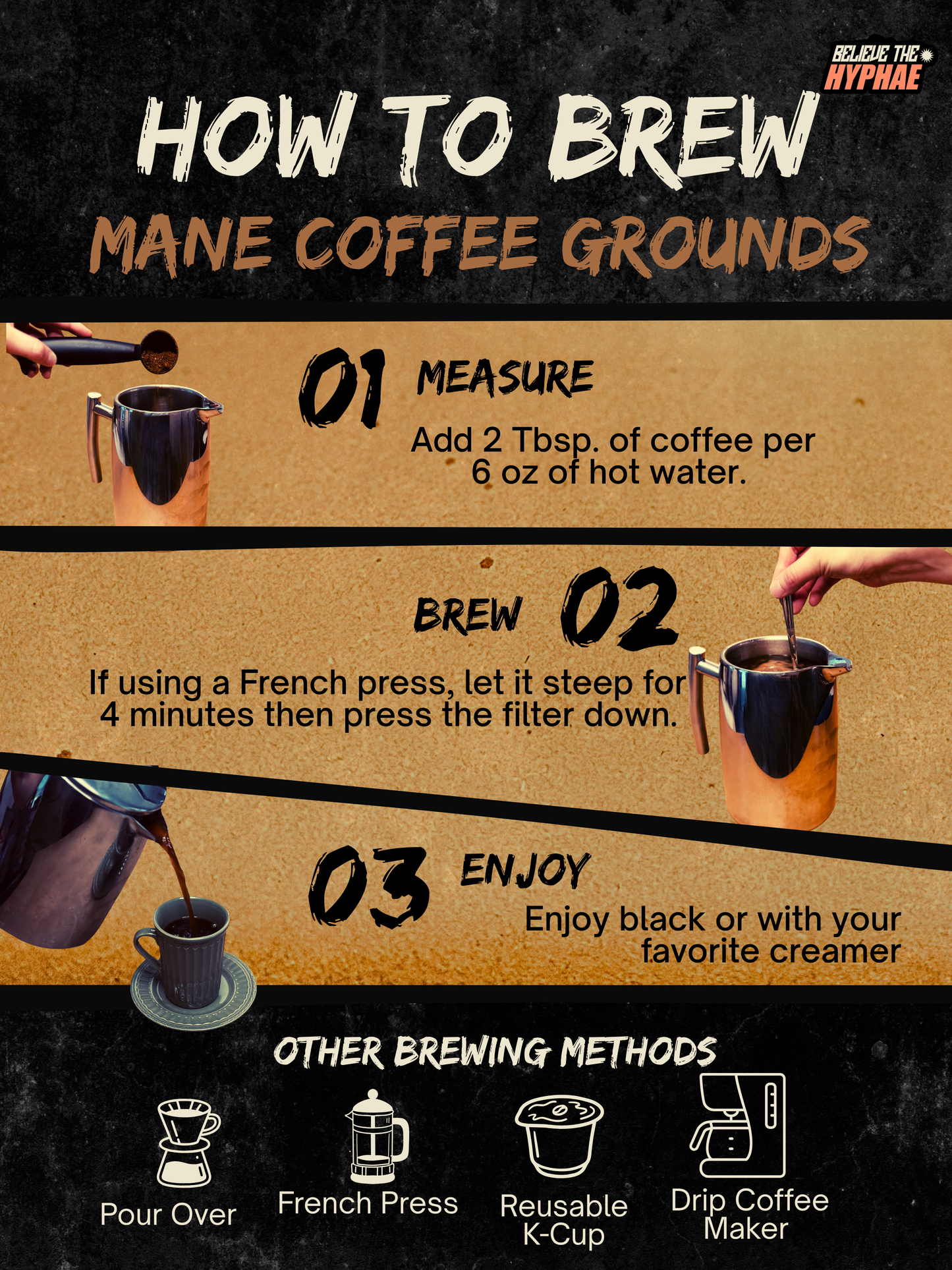 An infographic titled 'HOW TO BREW MANE COFFEE GROUNDS' with three illustrated steps: measure, brew, and enjoy. It includes small photos of hands using a French press and pouring brewed coffee, plus icons at the bottom showing other brewing methods like pour over, French press, reusable K-cup, and drip coffee maker.