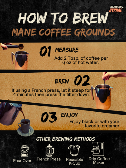 An infographic titled 'HOW TO BREW MANE COFFEE GROUNDS' with three illustrated steps: measure, brew, and enjoy. It includes small photos of hands using a French press and pouring brewed coffee, plus icons at the bottom showing other brewing methods like pour over, French press, reusable K-cup, and drip coffee maker.