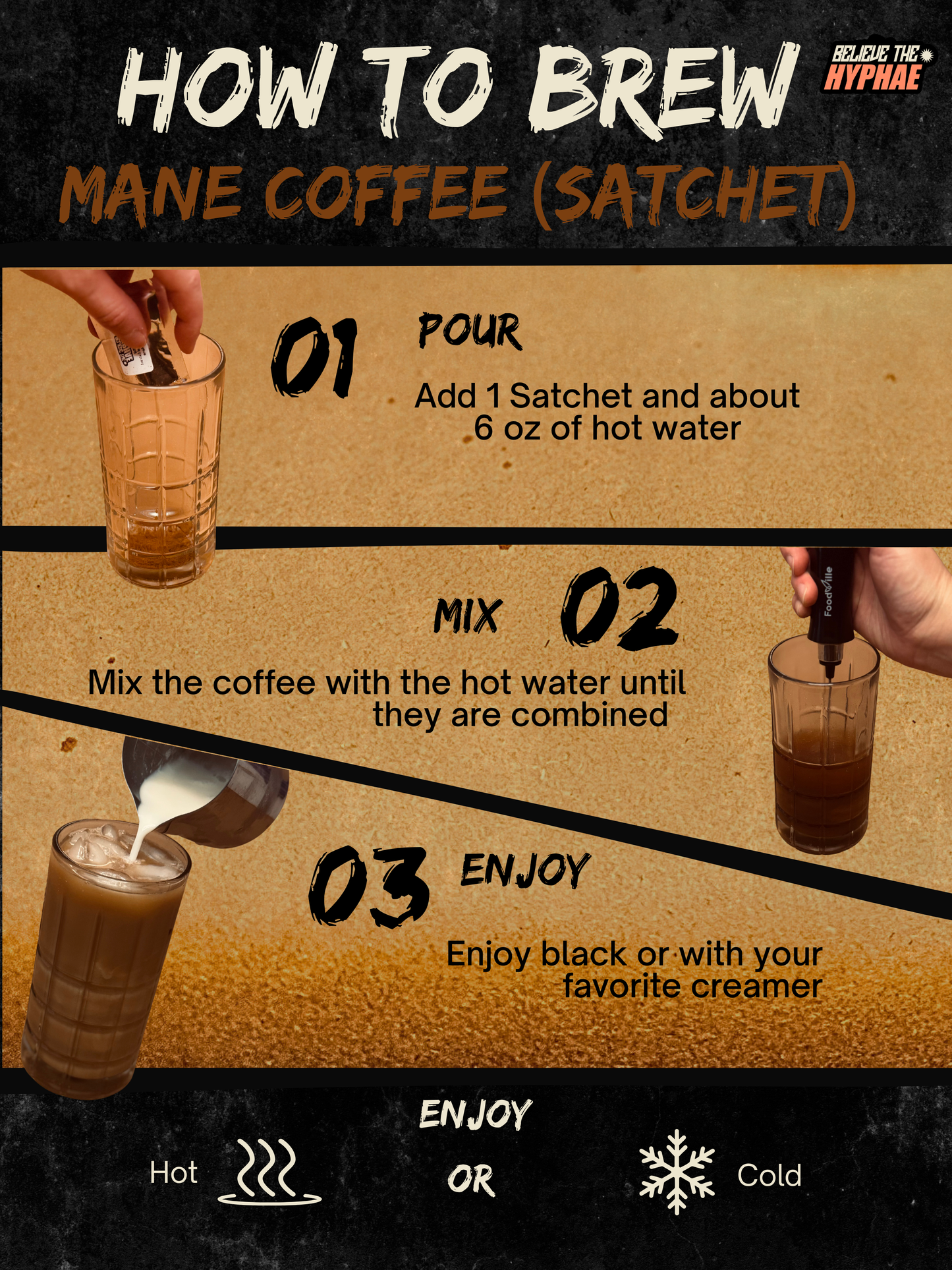 Believe The Hyphae Mane Coffee brewing instructions showing how to prepare a lion's mane mushroom coffee sachet. Pour one sachet into 6 ounces of hot water, mix thoroughly, and enjoy black or with creamer, served hot or iced.