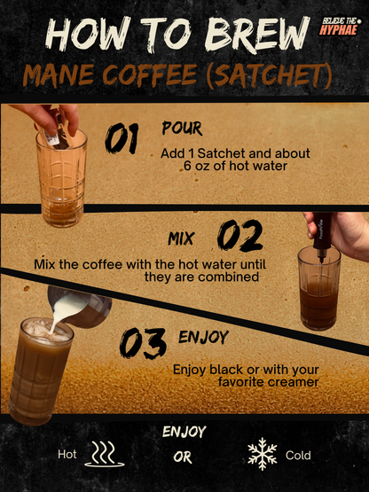 Believe The Hyphae Mane Coffee brewing instructions showing how to prepare a lion's mane mushroom coffee sachet. Pour one sachet into 6 ounces of hot water, mix thoroughly, and enjoy black or with creamer, served hot or iced.