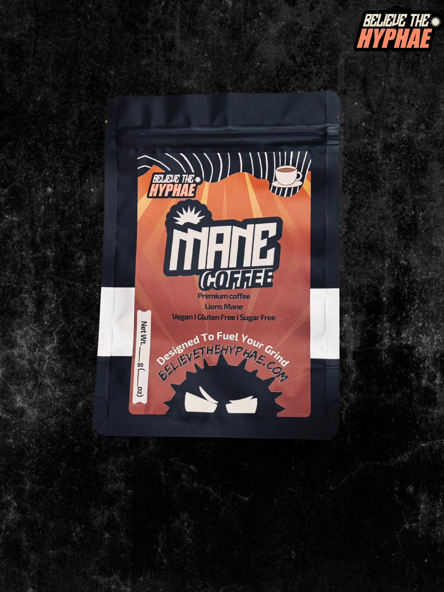 One pouch of Believe The Hyphae Mane Coffee, a premium lion's mane mushroom coffee blend made with 1000mg of Freeze-dried dual extract lion's mane to support focus, clean energy, and cognitive performance. Vegan, gluten-free coffee  with organic roasted coffee beans.