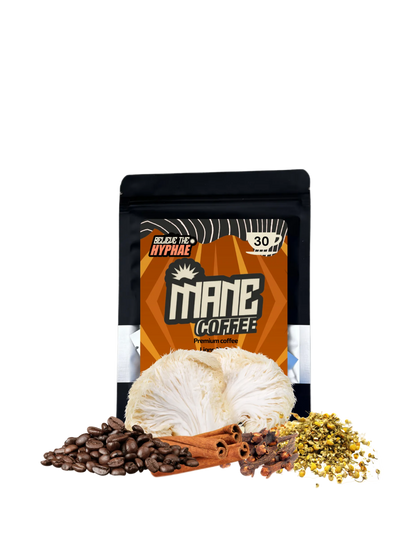 A stand-up pouch of Believe The Hyphae The Mane coffee pouch, with fresh Lions mane mushrooms, loose coffee beans, cinnamon sticks, and chamomile and clove surrounding the packet