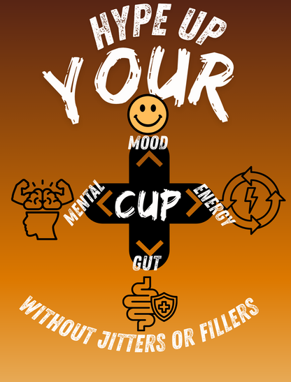 Visual that represents the benefits of our north Texas local made mushroom coffee in instant form
